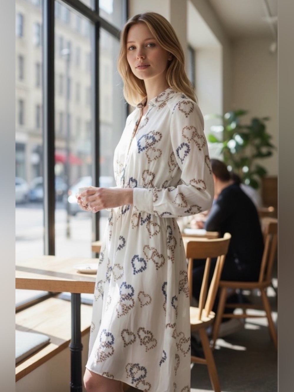 Sandro White Long Sleeve Midi Dress with Blue Heart Print, Size 6 - Picture 2 of 8